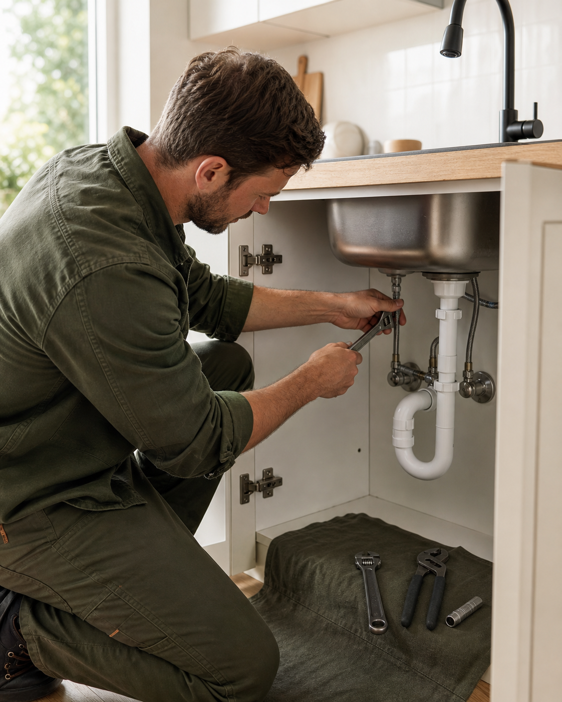 Plumber carefully adjusting a fitting beneath a modern kitchen sink