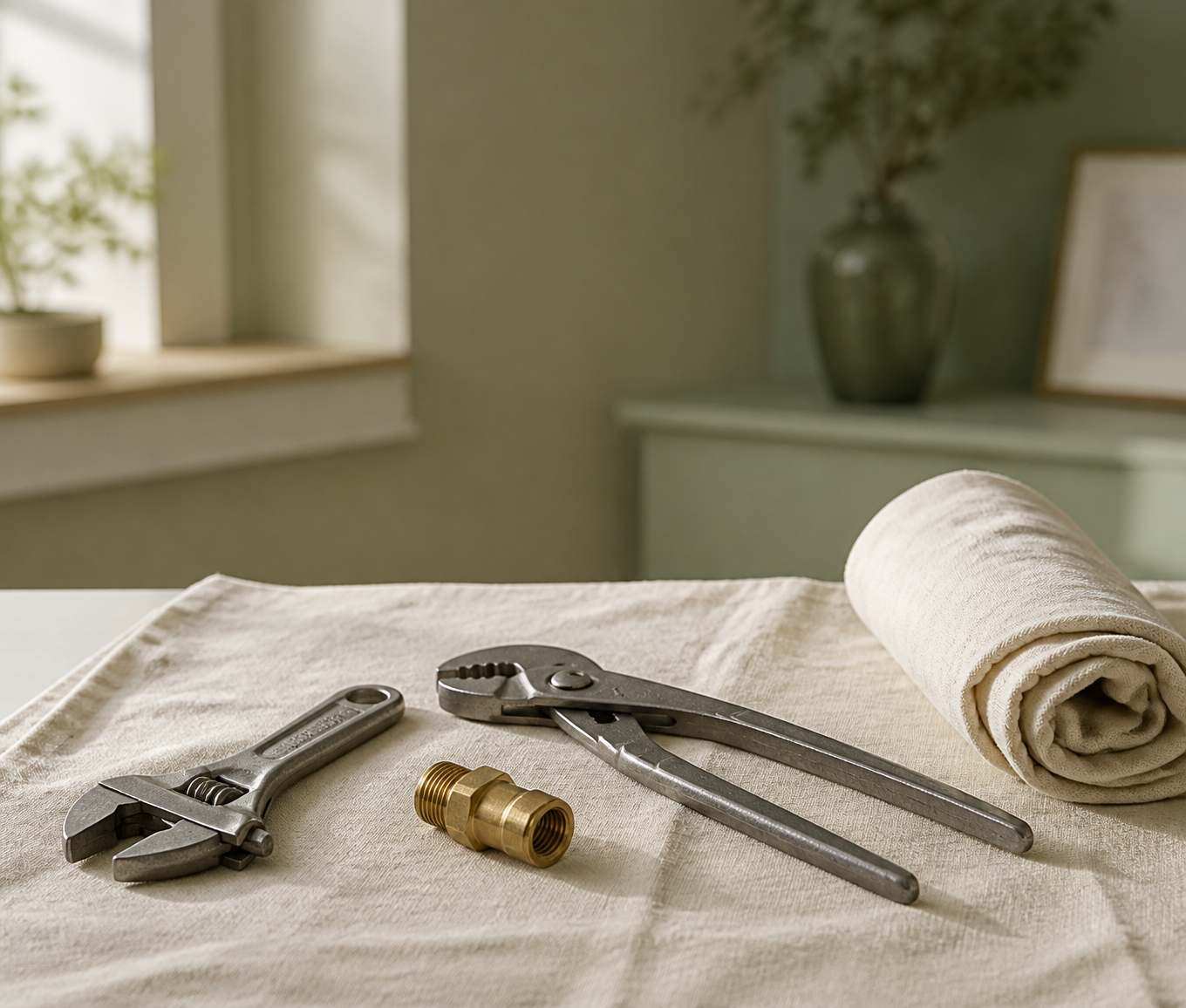 Neatly arranged plumbing tools and a brass fitting on a protective work cloth
