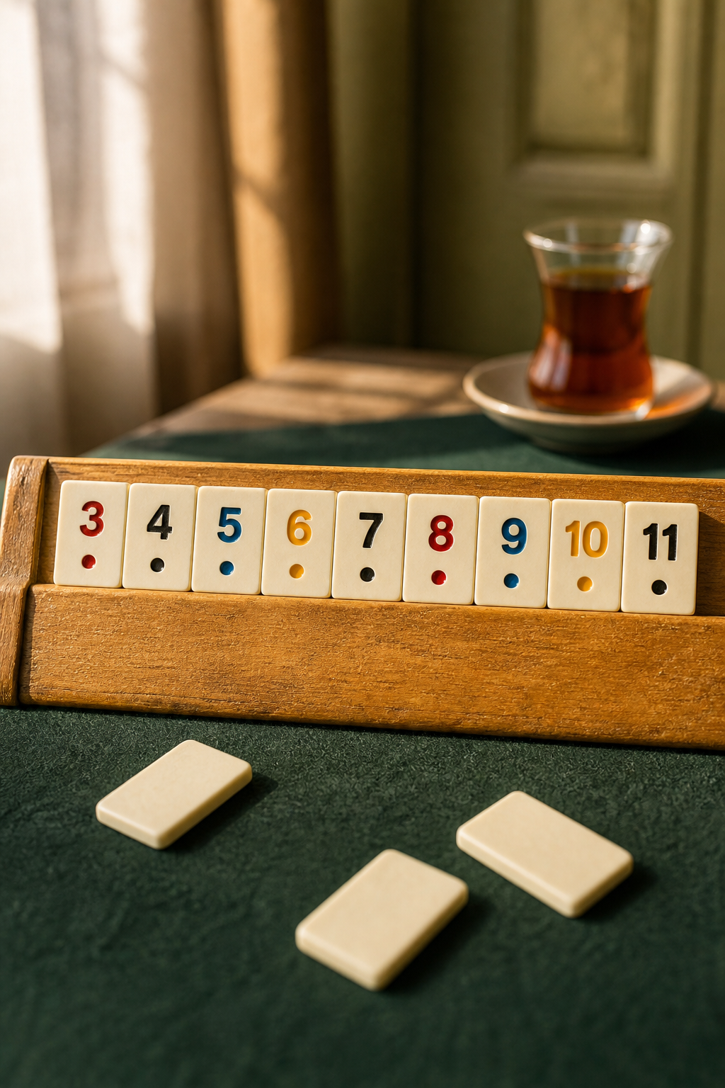 Ivory Okey tiles arranged on a wooden rack beside a glass of tea on a green game table